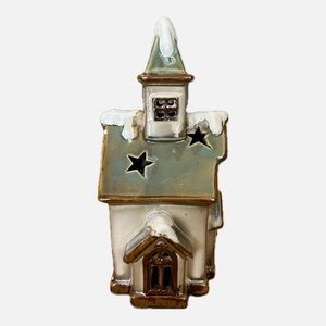 Glazed Pottery Snow Covered Church Votive Holder